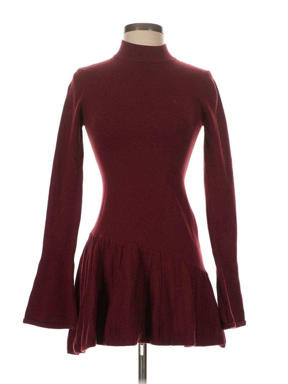 Meshki Long-Sleeve Burgundy Pleated Hem Knit Dress